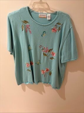 Alfred Dunner Aqua Embroidered Floral Short Sleeve Top